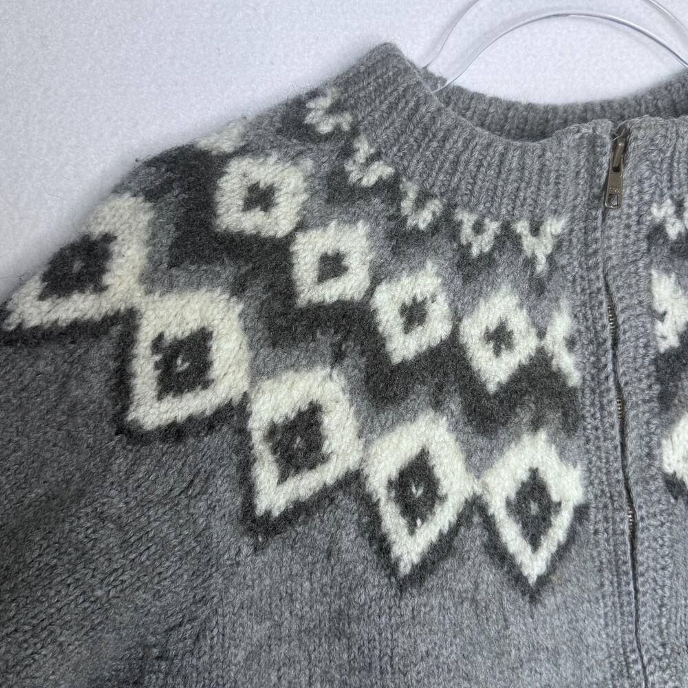 Vintage 1990s L.L.Bean Gray Fair Isle Nordic 100% Wool Zip Cardigan Sweater M - Picture 10 of 15